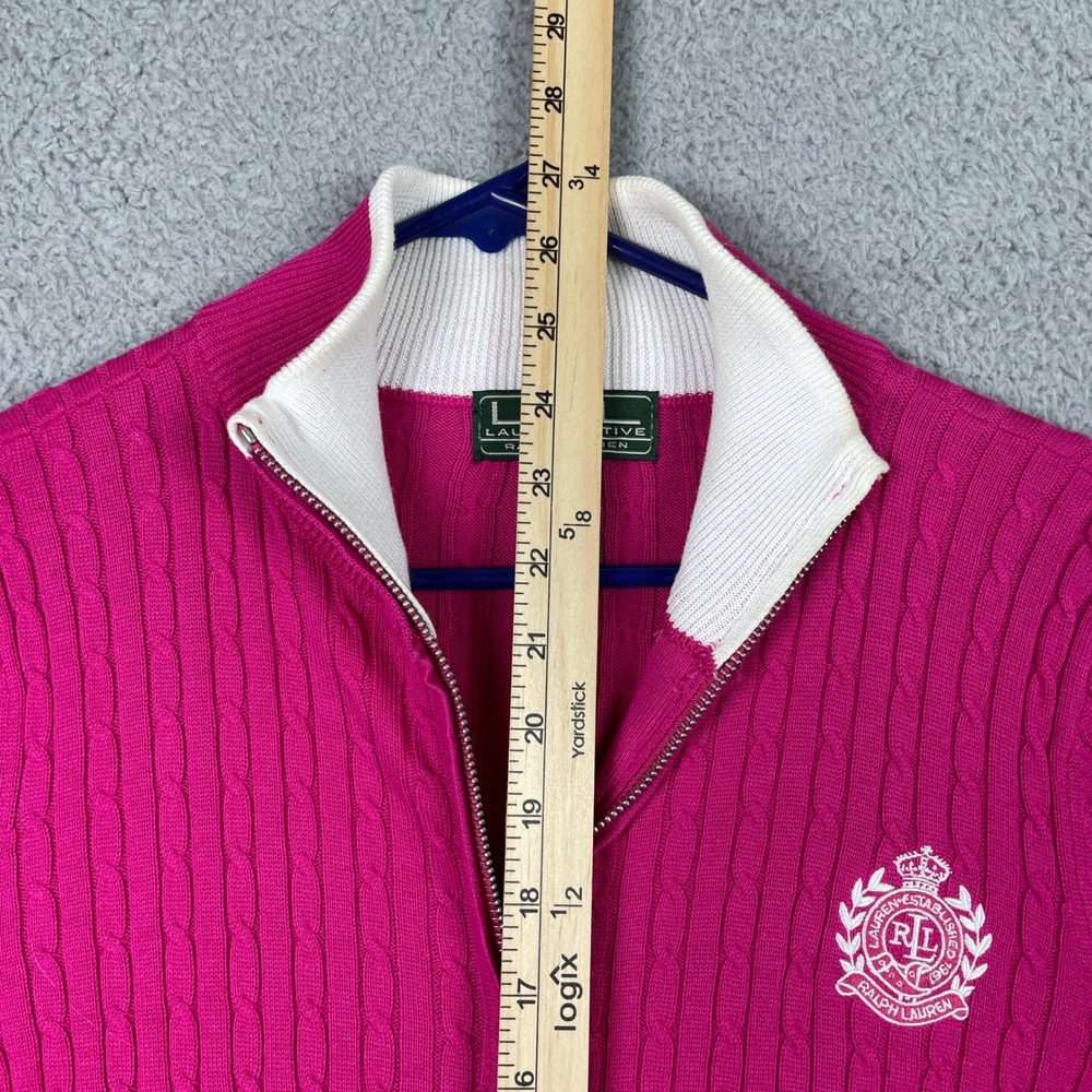 Lauren Active Ralph Lauren Full Zip Sweater Womens Large Pink Cable Knit Crest - Picture 8 of 11